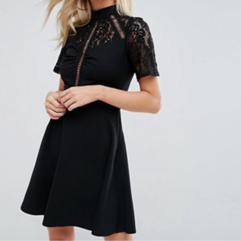 High Neck Skater Dress With Lace Panel NWT